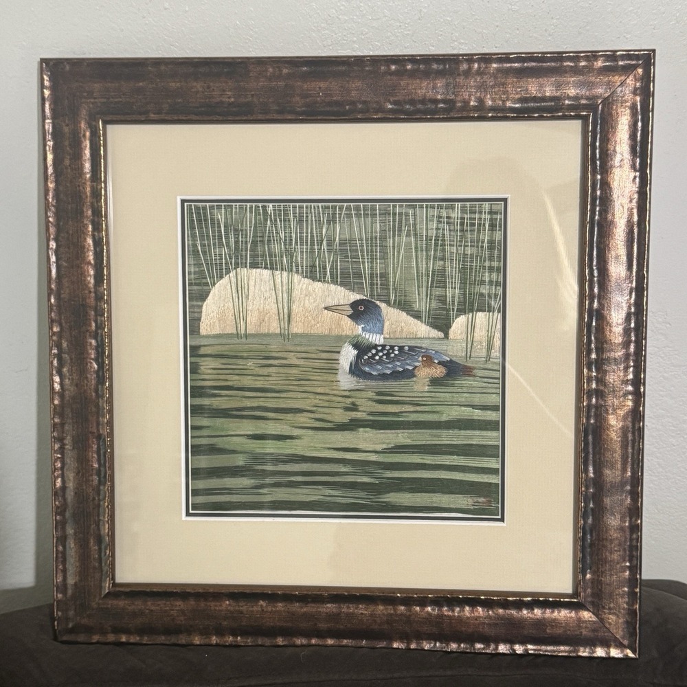 Chinese Suzhou Embroidery King Silk Art Duck Duckling Pond Framed 14.5x14.5‎